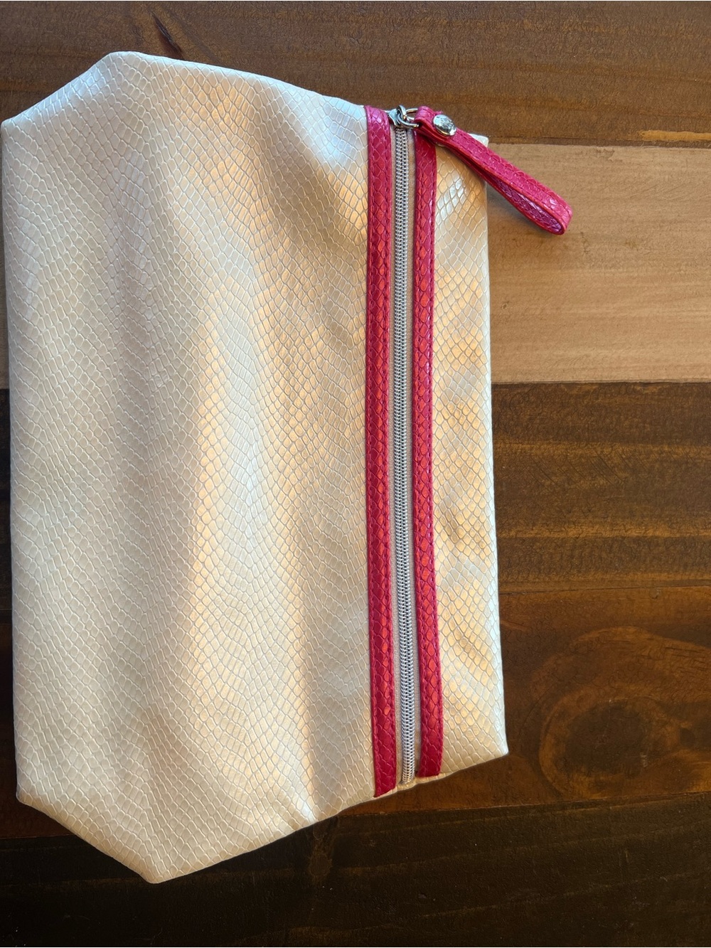 Lancome Cream Textured Cosmetic Bag with Pink Trim